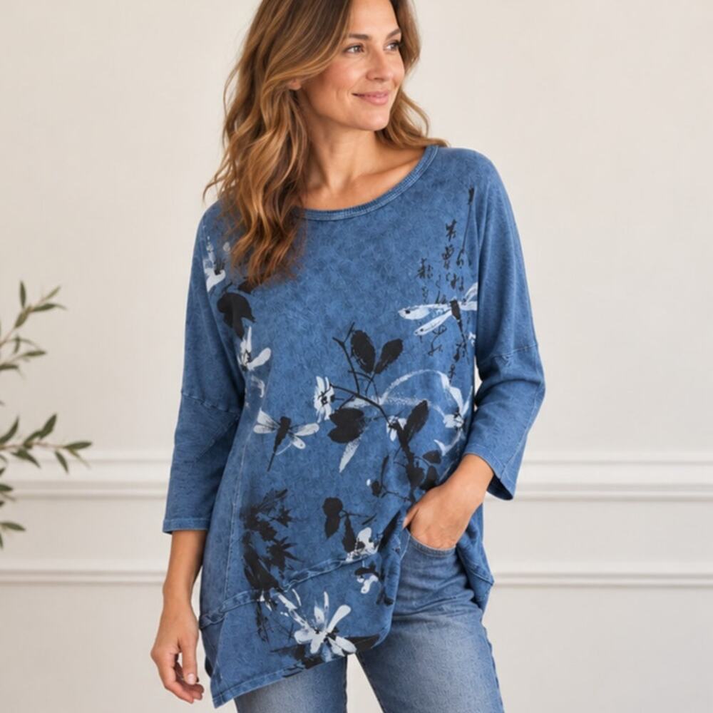 Jess & Jane SZ 1X Dragonfly Floral 3/4 Sleeve Layered Asymmetrical Top Aqua Blue